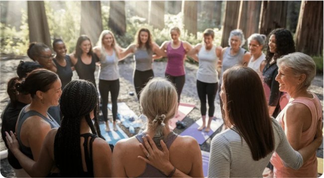 A circle of people standing outdoors with their arms around one another